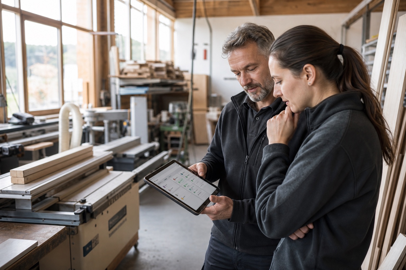 Handwerksbetrieb nutzt ein Tablet für digitalisierte und KI-gestützte Arbeitsprozesse