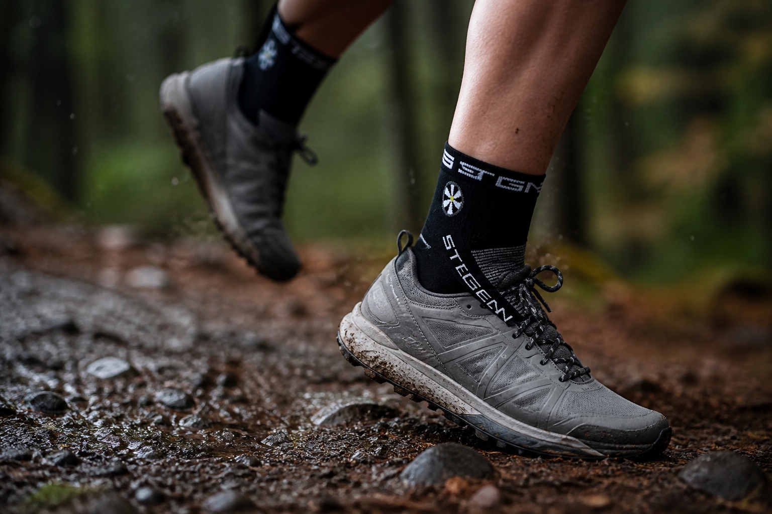 Steigen Performance-Socken beim Laufen auf einem Waldweg